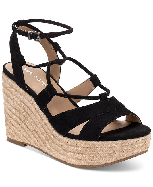 Sun+Stone Women's Tinsleyy Strappy Espadrille Platform Wedge Sandals Color Black Micro Size 7M