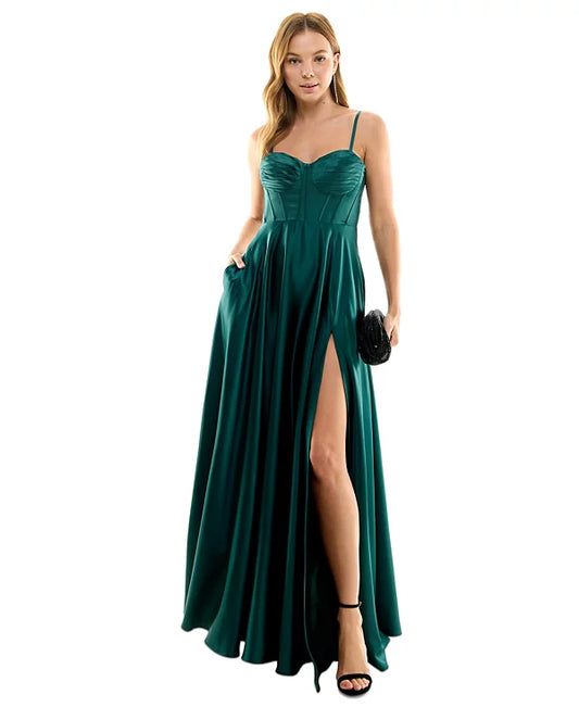 B Darlin Juniors Pleated-Bodice High-Slit Evening Gown  Color Hunter Size 17/18