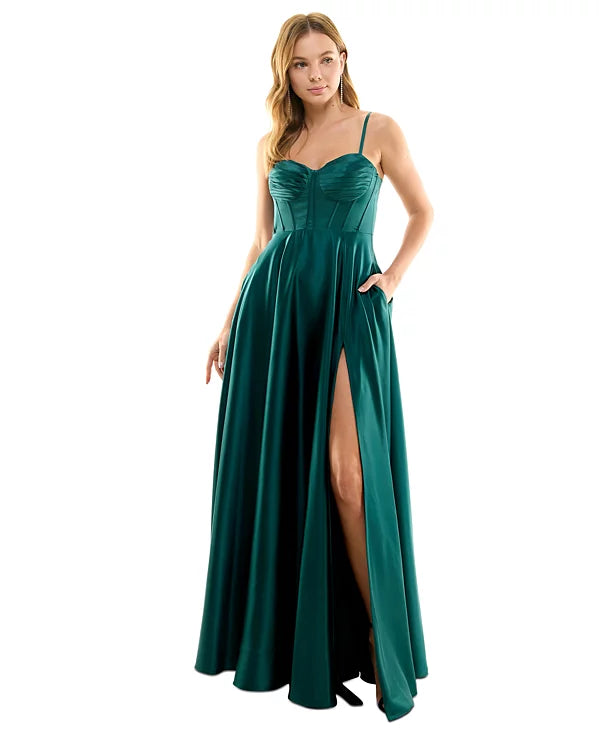 B Darlin Juniors Pleated-Bodice High-Slit Evening Gown  Color Hunter Size 17/18