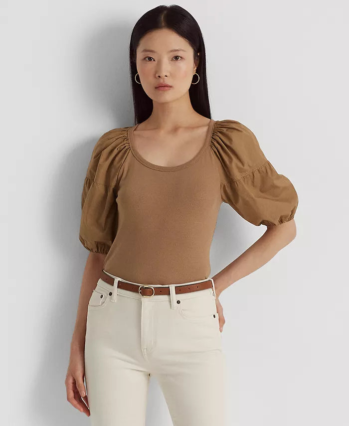 Lauren Ralph Lauren Women's Stretch Cotton Puff Sleeve T-Shirt  Color New Tan Size XS