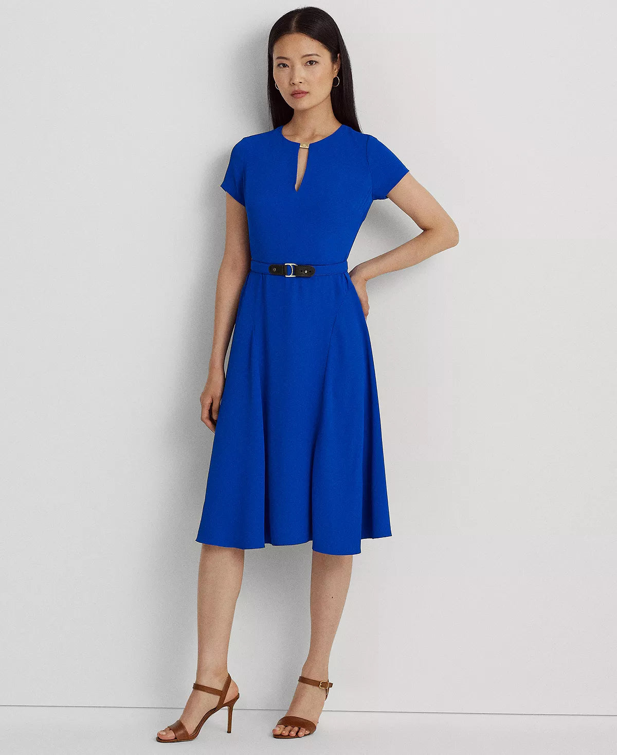 Lauren Ralph Lauren Women's Belted Georgette Fit & Flare Dress  Color Sapphire Star Size 6