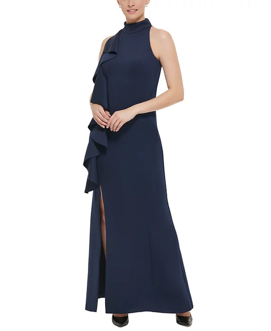 Jessica Howard Women's Ruffled Side-Slit Halter Gown  Color Navy Size 16