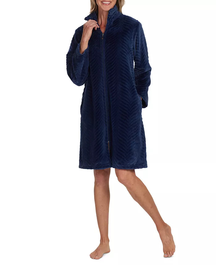 Miss Elaine Women's Solid Long-Sleeve Short Zip Fleece Robe  Midnight Blue Size XL