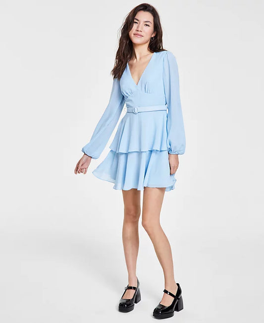 City Studios Juniors Belted Long-Sleeve Dress  Color Sky Blue Size 9/10