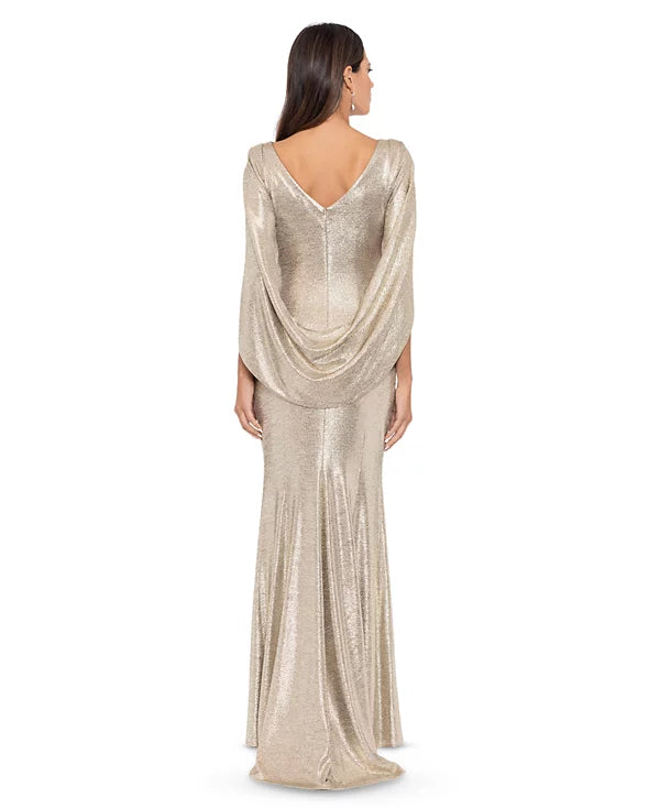 Betsy & Adam Metallic Cape-Sleeve Gown  Color Gold/Silver Size 14