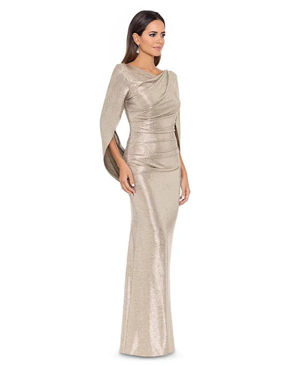 Betsy & Adam Metallic Cape-Sleeve Gown  Color Gold/Silver Size 14