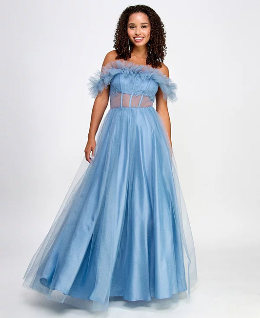 BCX Off-The-Shoulder Glitter Tulle Corset Gown  Color Light Blue Size 5