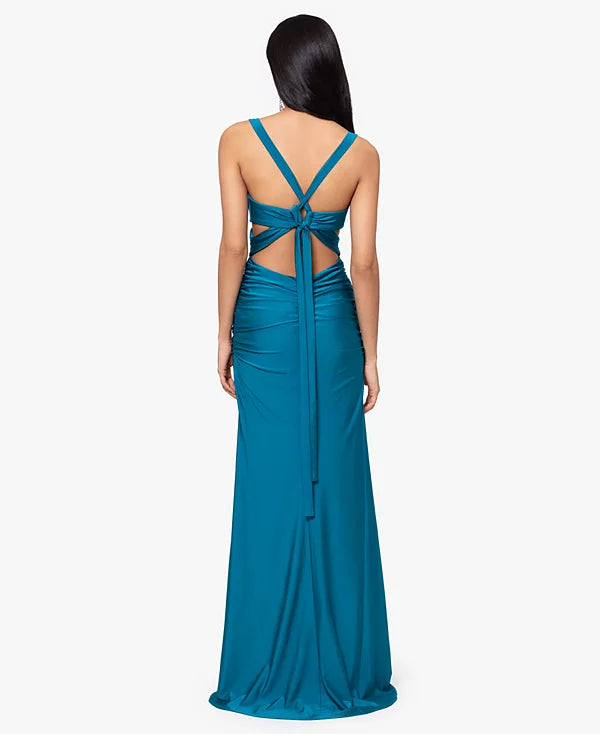 Blondie Nites Juniors Ruched Tie-Back Sleeveless Gown  Color Teal Size 7