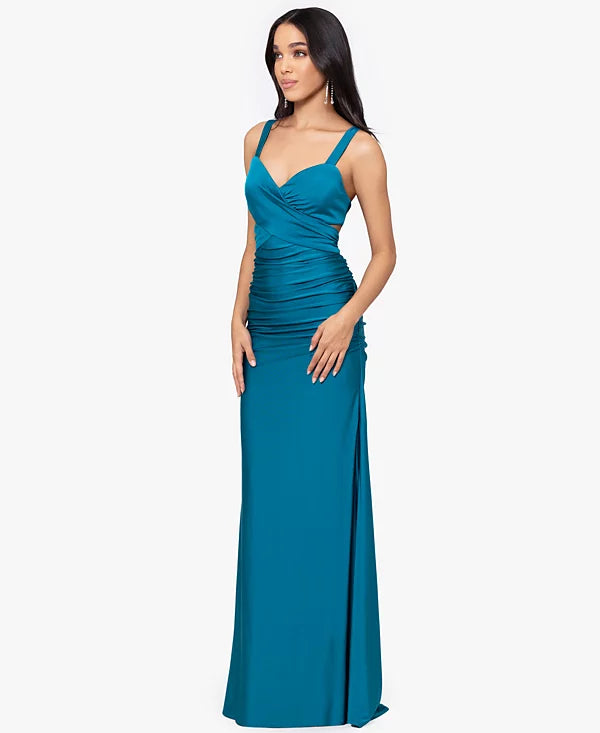 Blondie Nites Juniors Ruched Tie-Back Sleeveless Gown  Color Teal Size 7