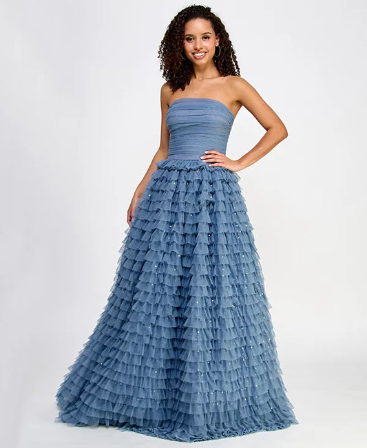 Say Yes Juniors Multi-Ruffle Sequined Ball Gown  Color Slate/Grey/Iridescent Size 9/10