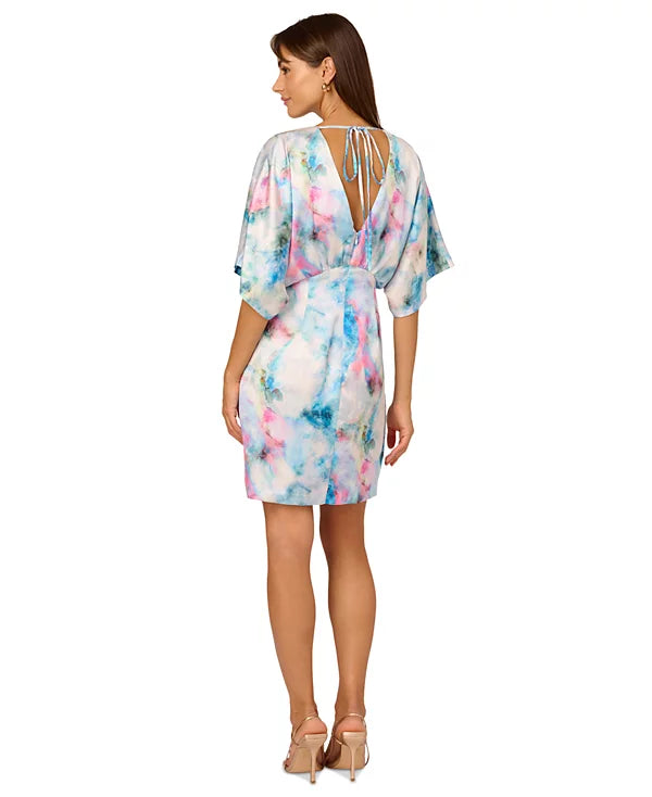 Adrianna by Adrianna Papell Printed Satin Kimono Dress  Color Blue Multi Size 6