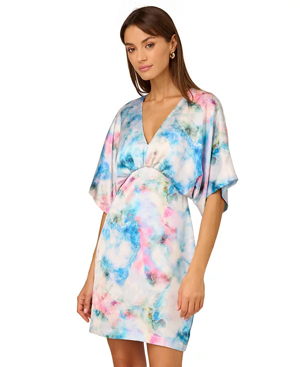 Adrianna by Adrianna Papell Printed Satin Kimono Dress  Color Blue Multi Size 6