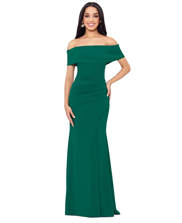 Betsy & Adam Off-The-Shoulder Front-Slit Gown  Color Green Size 16