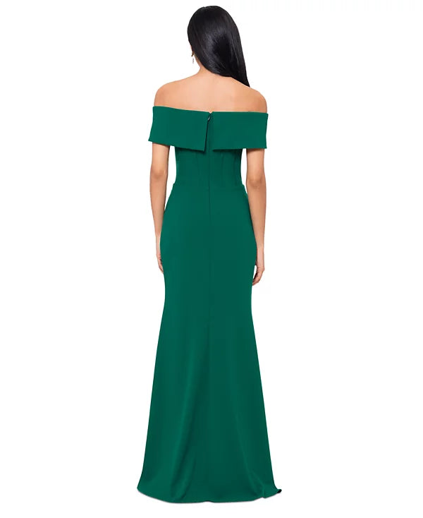 Betsy & Adam Off-The-Shoulder Front-Slit Gown  Color Green Size 16