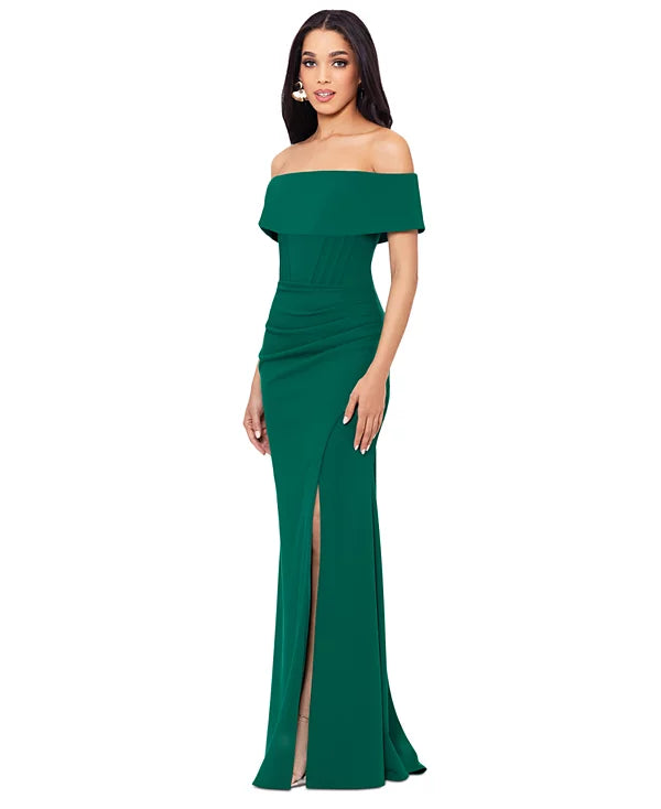 Betsy & Adam Off-The-Shoulder Front-Slit Gown  Color Green Size 16