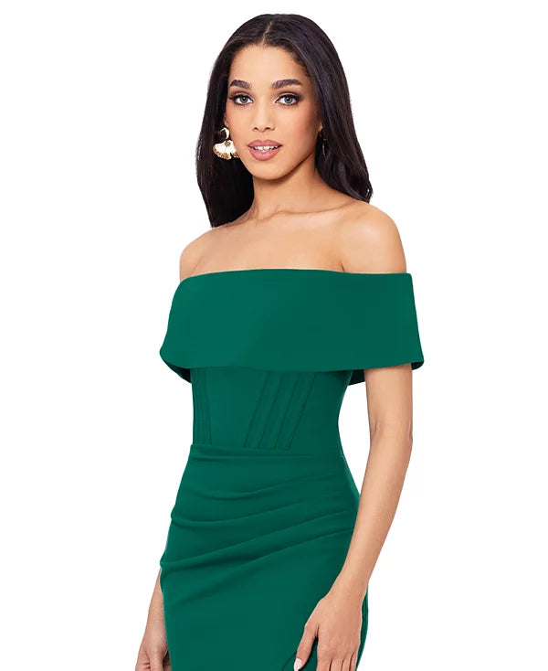 Betsy & Adam Off-The-Shoulder Front-Slit Gown  Color Green Size 16