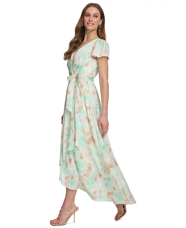 DKNY Women's Printed Faux-Wrap Gown  Color Light Green Size 8