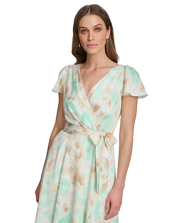 DKNY Women's Printed Faux-Wrap Gown  Color Light Green Size 8