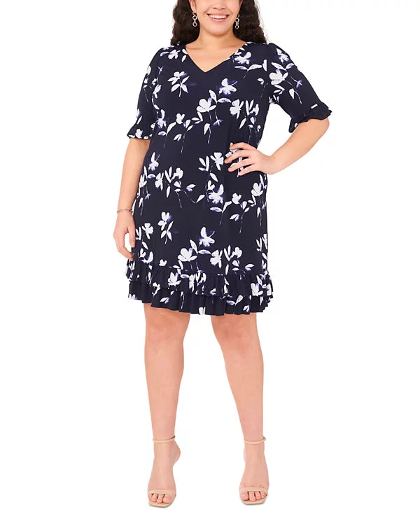 MSK Plus Size Printed 3/4-Sleeve Flounce Trim Dress  Color Navy/White Size 1X