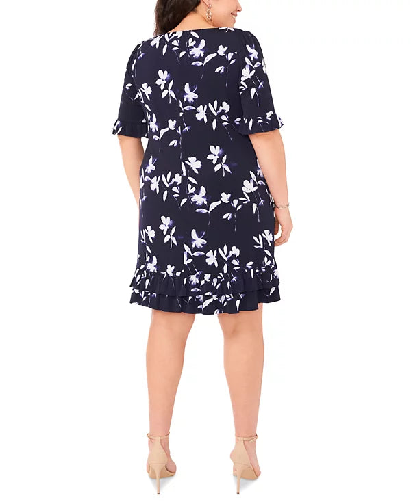 MSK Plus Size Printed 3/4-Sleeve Flounce Trim Dress  Color Navy/White Size 1X