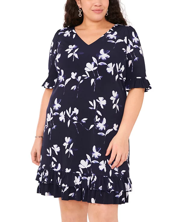 MSK Plus Size Printed 3/4-Sleeve Flounce Trim Dress  Color Navy/White Size 1X