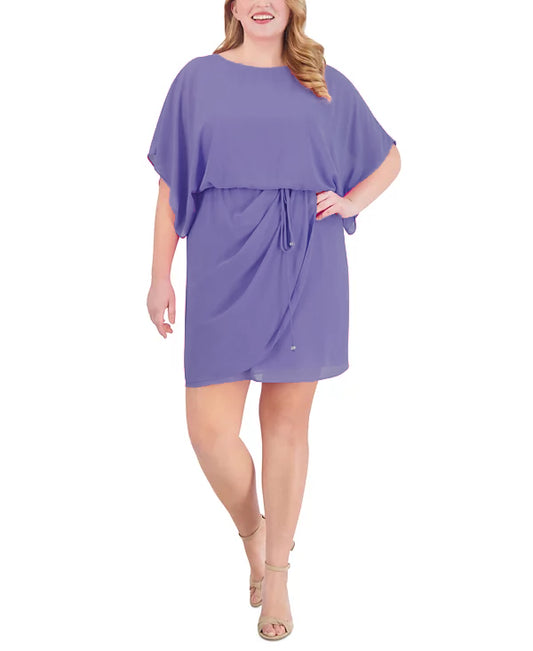 Jessica Howard Plus Size Boat-Neck Blouson Faux-Wrap Dress  Color Violet Size 16W