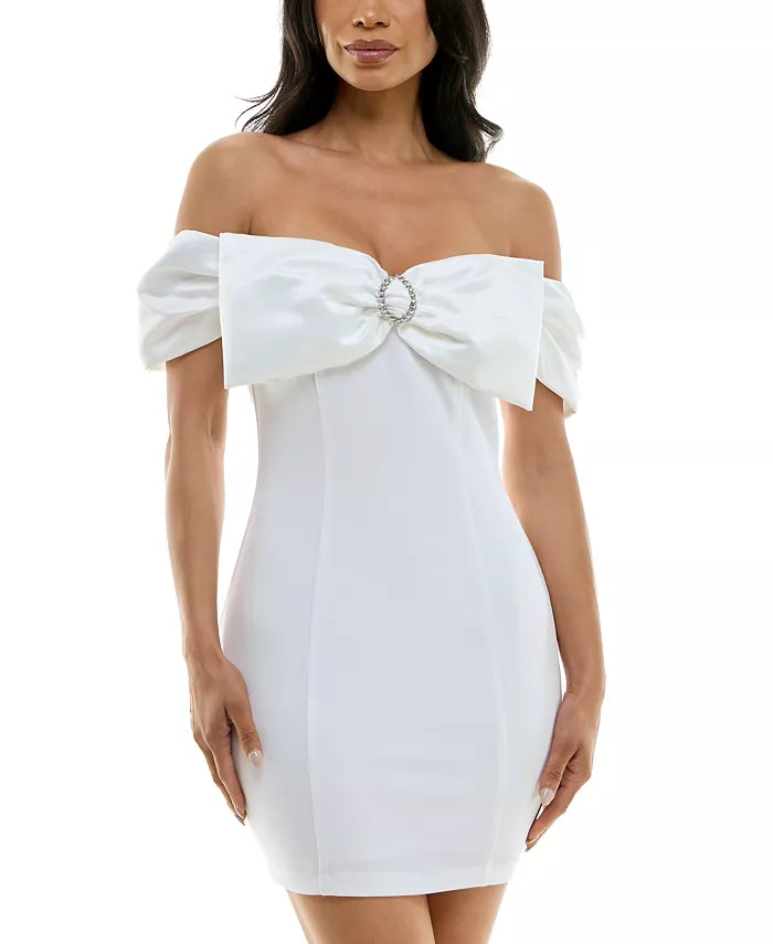 B Darlin Juniors Off-The-Shoulder Bow-Neck Bodycon Dress  Color White Size 0