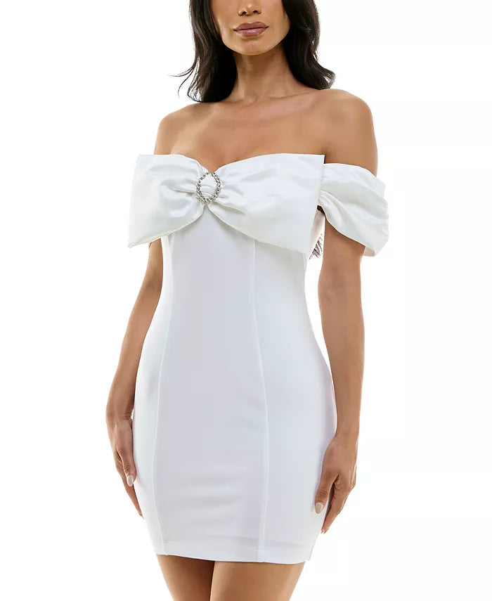 B Darlin Juniors Off-The-Shoulder Bow-Neck Bodycon Dress  Color White Size 0