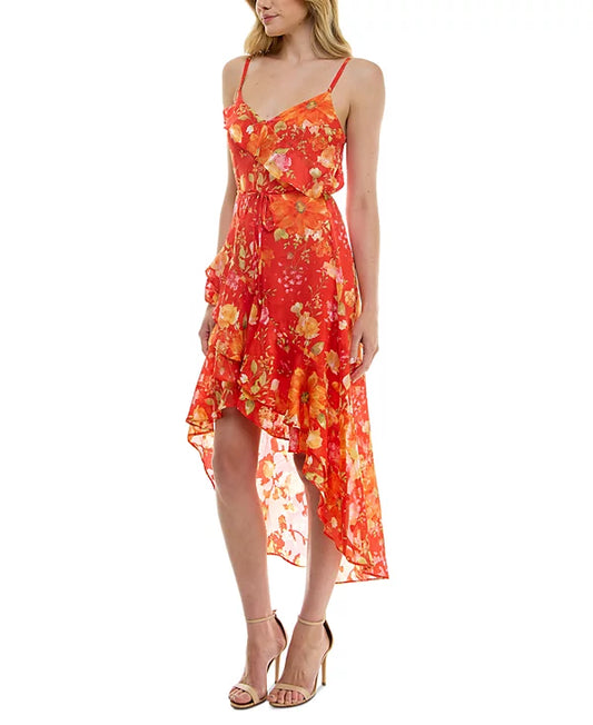 BCX Printed V-Neck Sleeveless Fit Flare Dress  Color Orange Floral Print Size 2XL