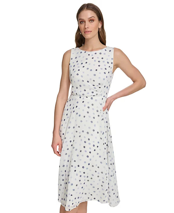 DKNY Women's Dot-Print Sleeveless Midi Dress  Color Silver/Navy Size 12