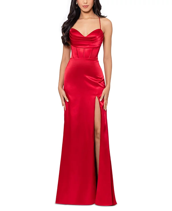 Blondie Nites Juniors Draped Lace-Up Satin Gown  Color Red Size 11