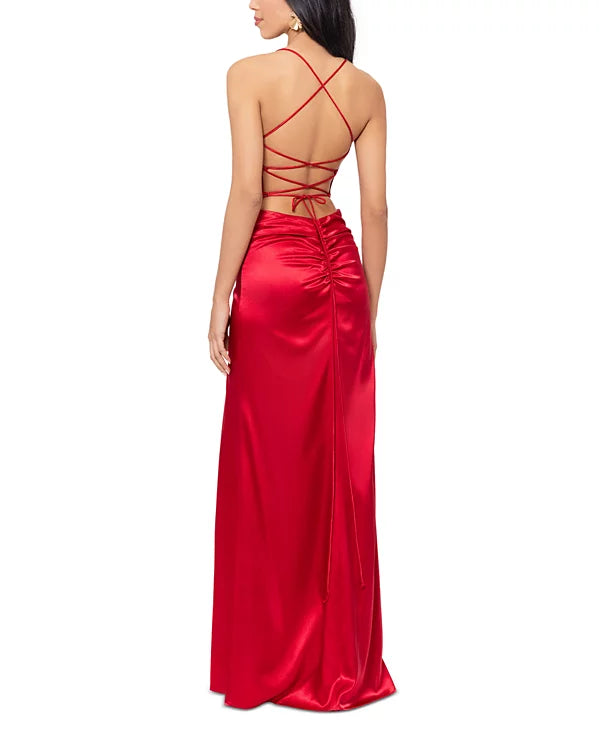 Blondie Nites Juniors Draped Lace-Up Satin Gown  Color Red Size 11