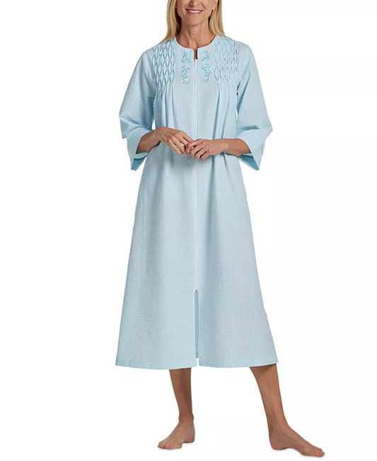 Miss Elaine Women's 3/4-Sleeve Zip Seersucker Robe  Turquoise Stripe Size XL