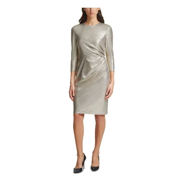 VINCE CAMUTO Petite Zippered Ruched 3/4 Sleeve Dress  Color Metallic Gold Size 6P