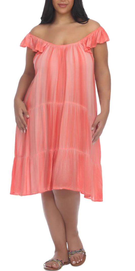 Raviya Plus Size Pigment-Wash Off-The-Shoulder Cover-Up  Color Coral Size 1X