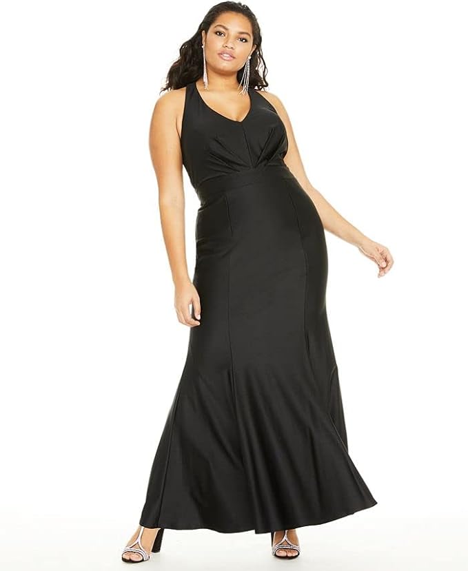 City Studios Plus Size Pleated Plunge V-Neck Gown  Color Black Size 16W