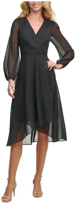 Tommy Hilfiger Women's Metallic Sheer-Sleeve Surplice Dress  Color Black Size 4