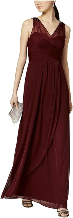 Adrianna Papell Women's Embellished Ruched V Neck Evening Sheath Dress Color Deep Wine Size 4