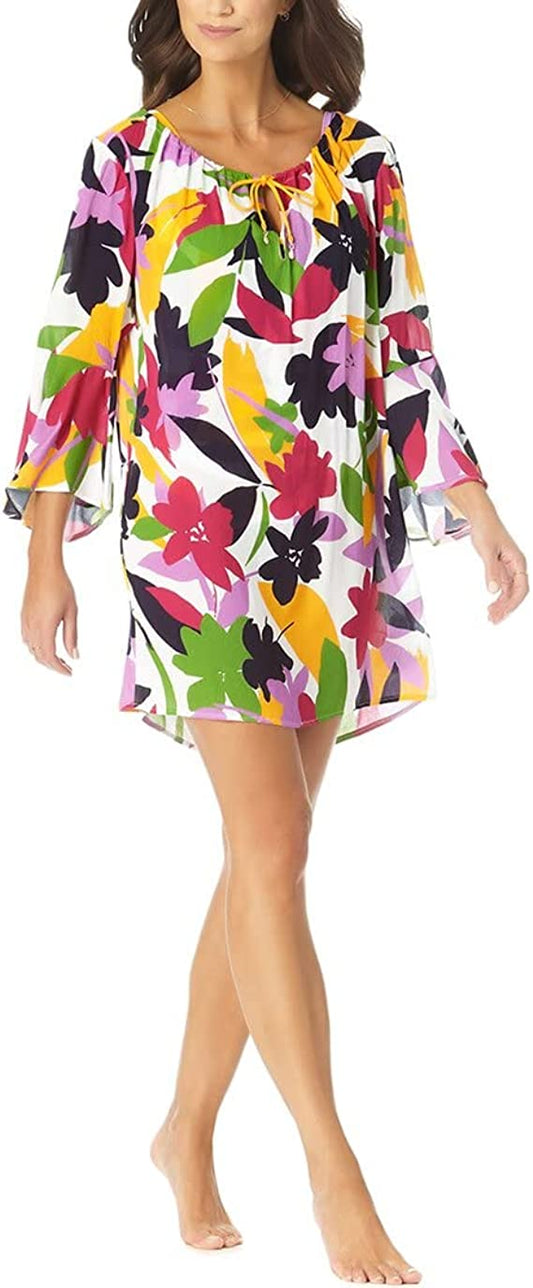 Anne Cole Bold Floral Bell-Sleeve Tunic  Color Lush Garden White Multi Size XS/S