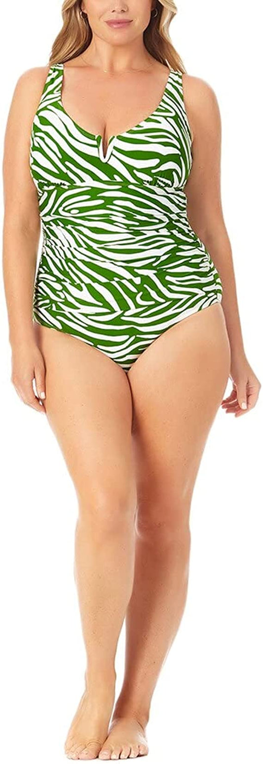 Anne Cole Plus Size Printed V-Wire One-Piece Swimsuit  Color Zebra Green White Size 22W