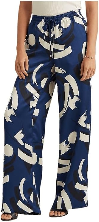 Lauren Ralph Lauren Women's  Geometric-Print Charmeuse Wide-Leg Pants  Color Blue/Cream Navy Size XL