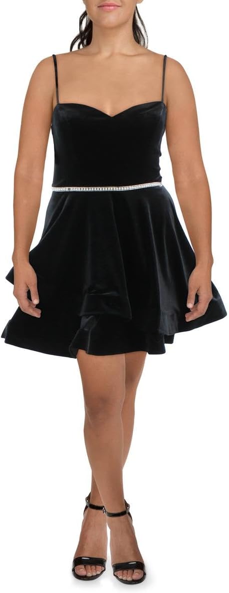 B Darlin Stretch-Velvet Embellished-Waist Fit Flare Dress  Color Black/Crystal Size 15/16