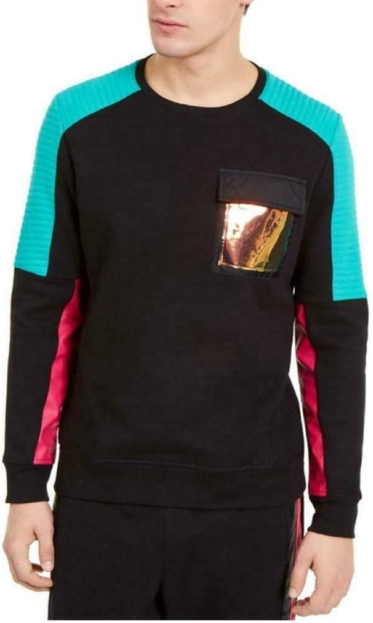 INC Internatonal Concepts Men's Holographic Colorblock Pleather Fleece Sweatshirt  Color Black Size XL