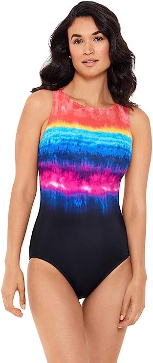 Reebok Women's Party in My Cabana One Piece Swimsuit  Color Black Multi Size 16