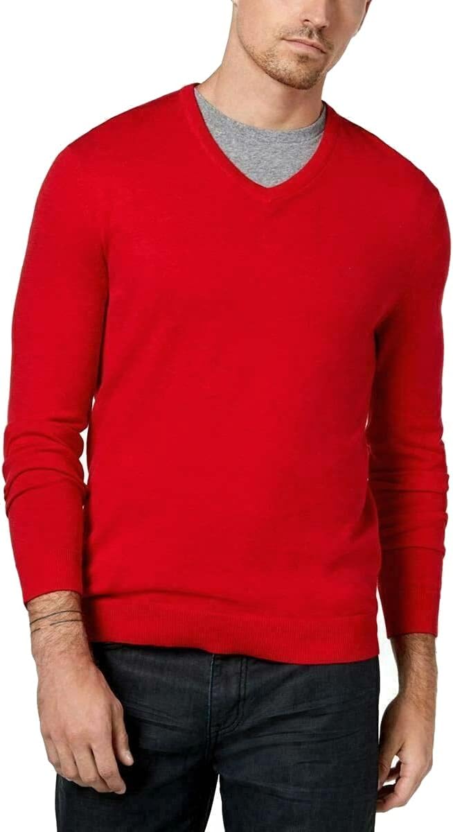 Alfani Men's Solid V-Neck Cotton Sweater  Color Jester Red Size L