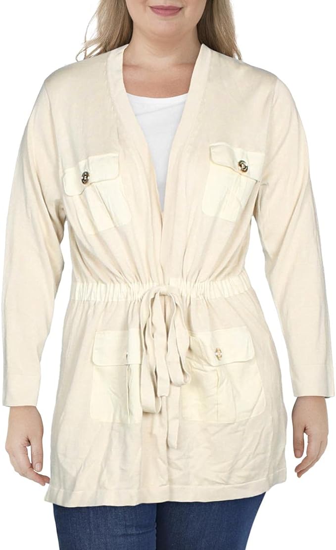 Calvin Klein Women's Tie Waist Ribbed Cardigan Top  Color Beige Size XL