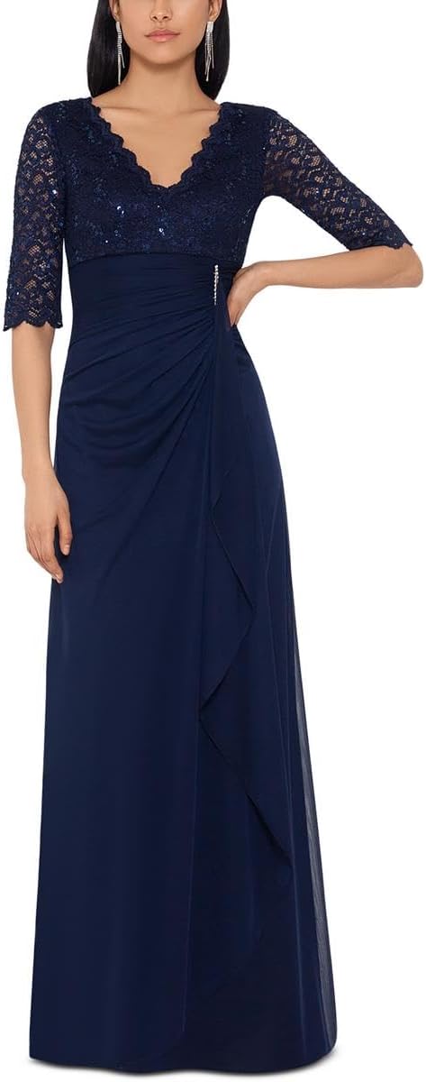 Betsy & Adam Lace-Top Waterfall-Detail Gown  Color Navy Blue Size 6