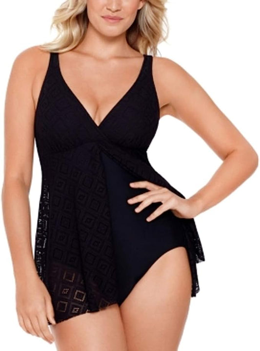 Swim Solutions Women's Crochet Flyaway Tummy Control Swimdress  Color Black Size 8