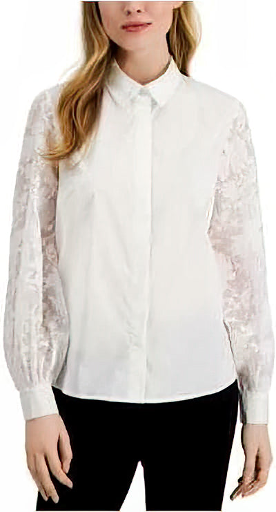 Alfani Women's Lace-Sleeve Button-Up Shirt  Color Bright White Size S