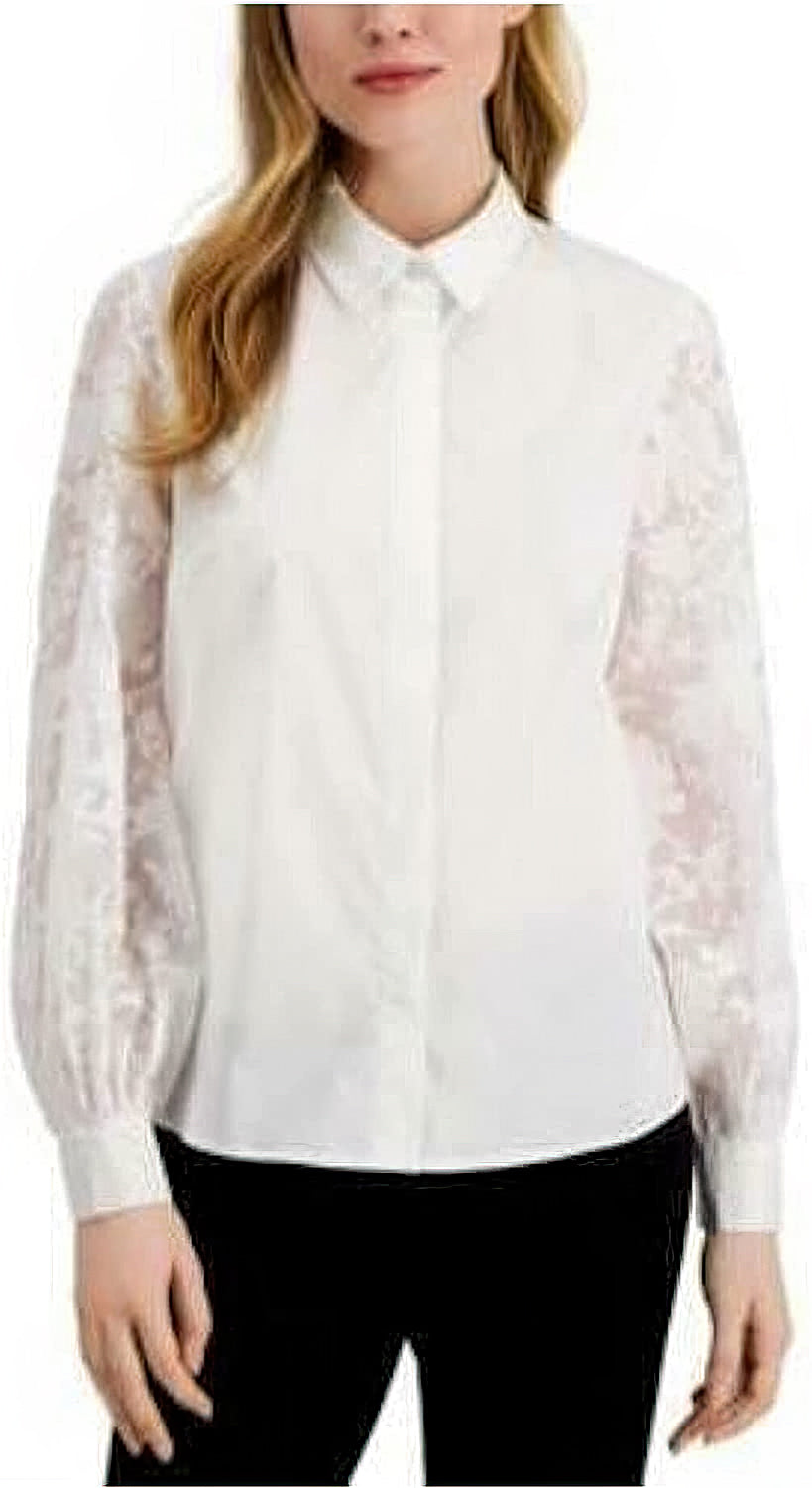 Alfani Women's Button Front Lace-Sleeve Blouse  Color White Size M